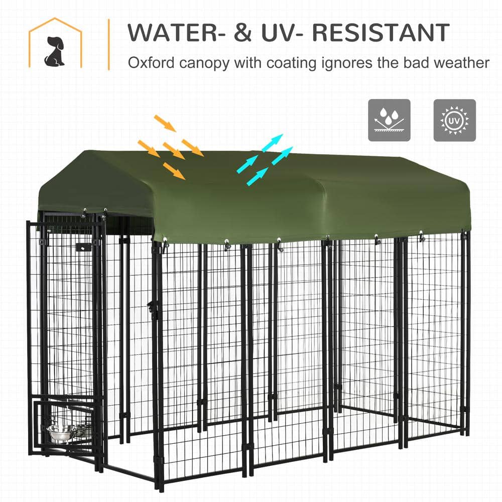 Outdoor Dark Green Steel Dog Kennel with Canopy