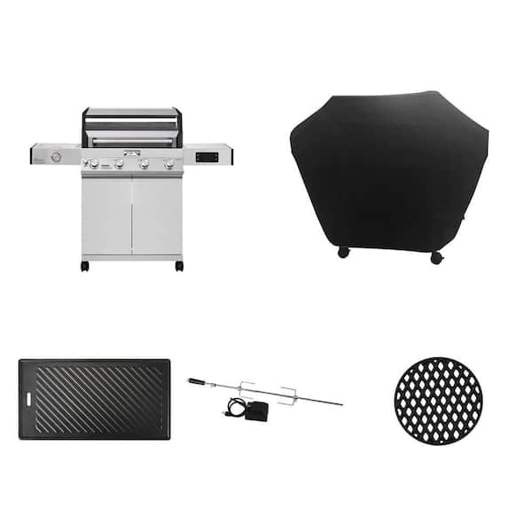 Denali 4-Burner Stainless Grill with LED Controls, 62 in. Cover, Cast Iron Plate/Grid and Rotisserie Kit