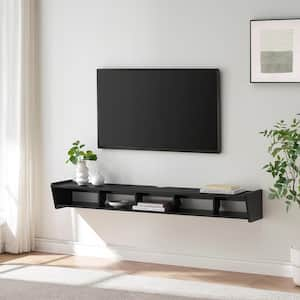 65 in. Solid Black Wood Modern Floating TV Stand with Divided Shelf Fits TVs up to 70 in.