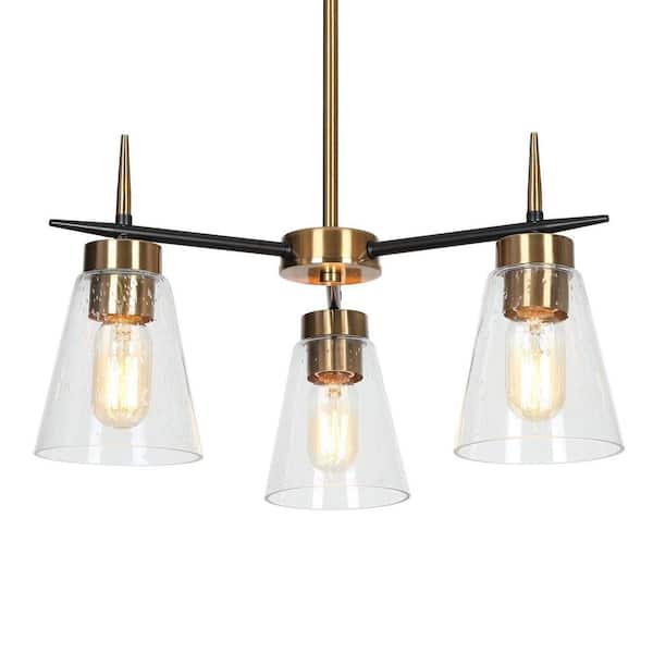 3-Light Black and Brass Chandelier with Clear Glass Shades