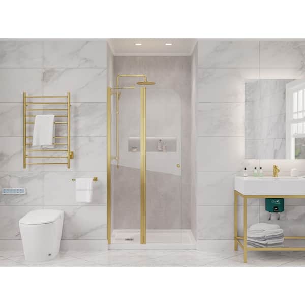 Romance Series 33.3 in. x 72 in. H Hinged Frameless Shower Door in Brushed Gold with Tsunami Guard Tempered Glass