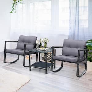 3-Piece Wicker Patio Furniture Set Rocking Chairs Gray Cushioned Sofa
