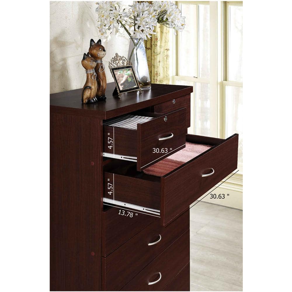 Mahogany Vertical 7-Drawer Dresser Chest with Dual Locks