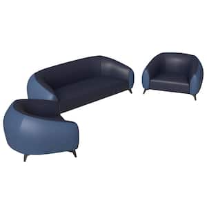 3-Piece Sofa Set Upholstered in Leather with Stainless Steel Legs for Modern Home Opula Series in Blue