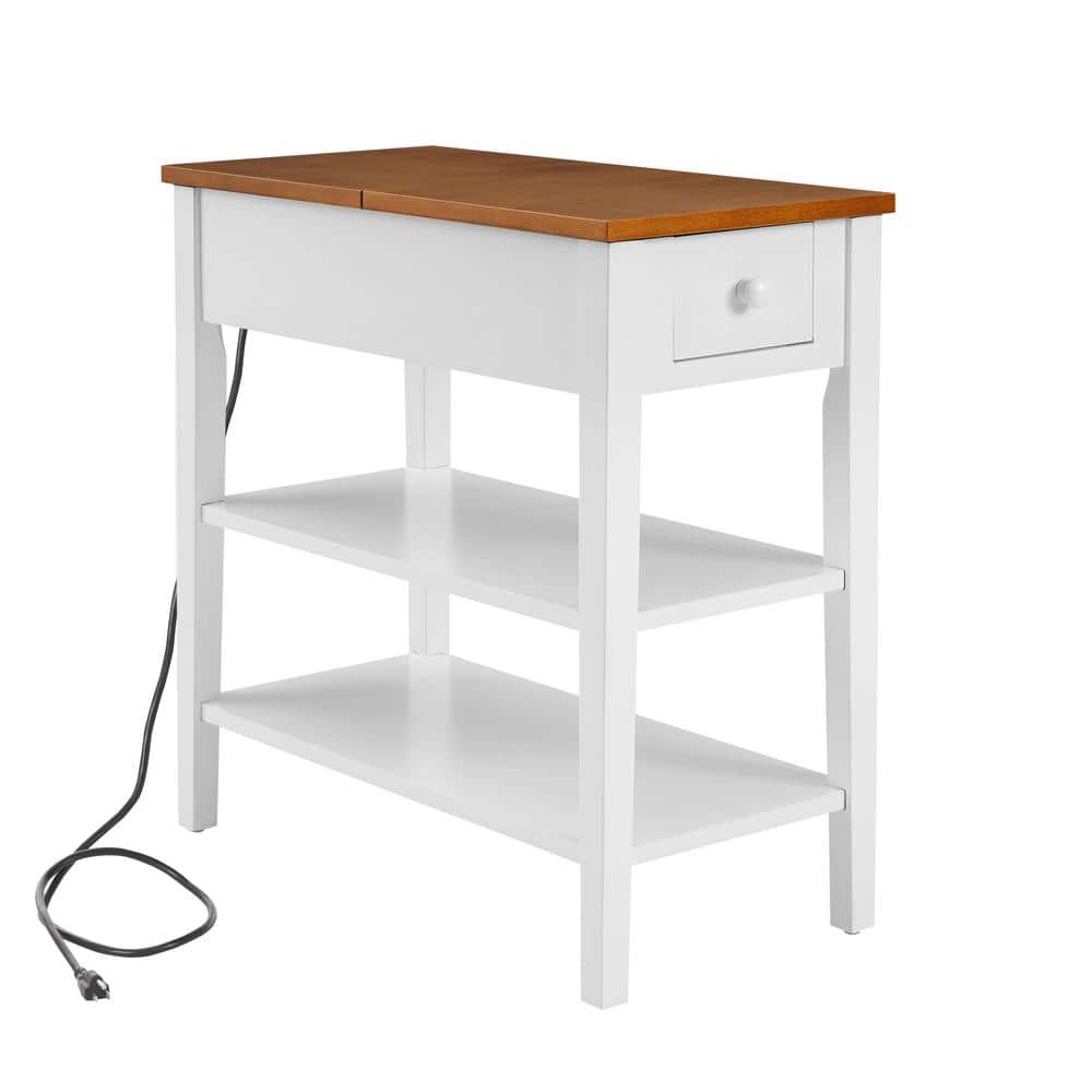 Narrow White and Brown Wood End Table with USB Ports