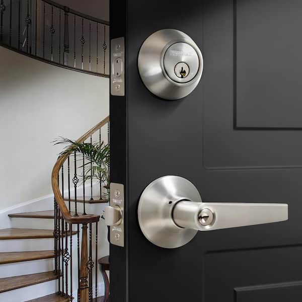 Stainless Steel Entry Door Handle Combo Lock Set with Deadbolt and 4 KW1 Keys, Keyed Alike