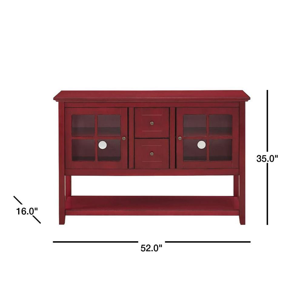 Antique Red Farmhouse Console with Glass Doors and Storage