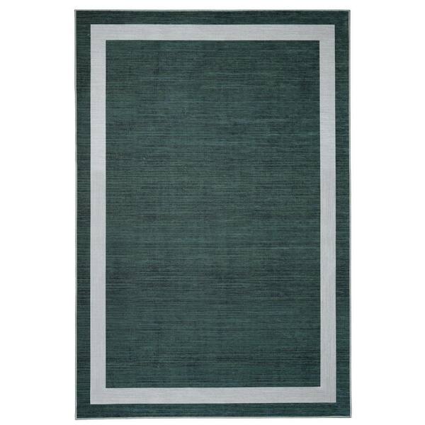 Everest Green Creme 8 ft. x 10 ft. Machine Washable Geometric Modern Border Polyester Non-Slip Backing Area Rug