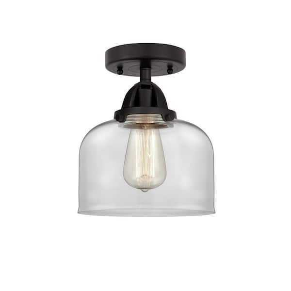 Bell 8 in. 1-Light Matte Black Industrial Semi-Flush Mount with Clear Glass Shade