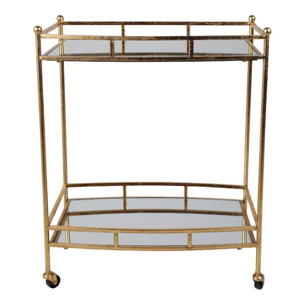 Liv & Skye 28 in. Gold Metal/Glass 2-Tier Bar Cart on Wheels