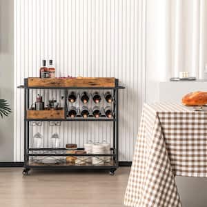 3-Tier Rustic Brown Mobile Bar Serving Cart Liquor Storage Trolley with Removable Tray Wine Rack