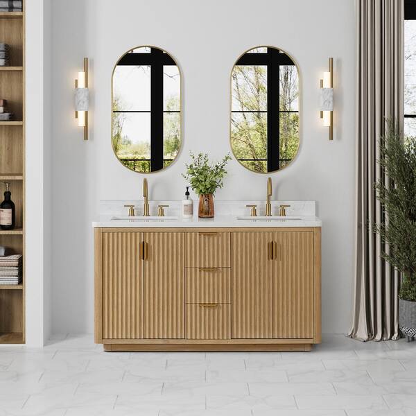 ROSWELL Cádiz 60 in. W. x 22 in. D x 34 in. H Double Bath Vanity in Washed Ash Gray with White Composite Stone Top and Mirror