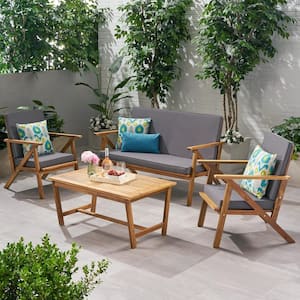 Natural 4-Piece Wood Patio Conversation Set with Coffee Table and Gray Cushions