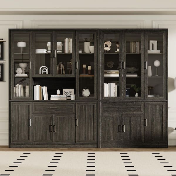 79.9 in. Tall Brown Wood Grain 26-Shelf Standard Bookcase, Storage Cabinet, Sideboard w/ 2-Large Drawer and 7-Glass Door