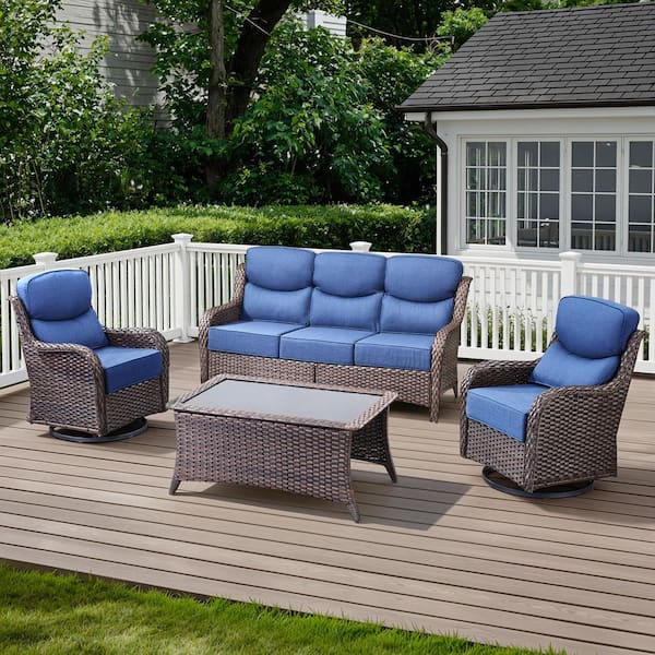 Arcadia Brown 4-Piece Wicker Patio Conversation Set with Swivel Gliders and 6 in. Thick Olefin Navy Blue Cushions