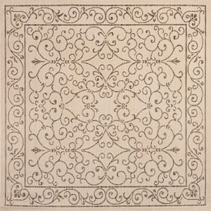 Charleston Beige/Brown 5 ft. Vintage Filigree Textured Weave Indoor/Outdoor Square Area Rug