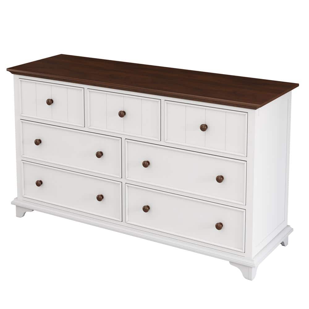 61 in. W x 19.7 in. D x 34.8 in. H White Wood Linen Cabinet with 7-Drawer D