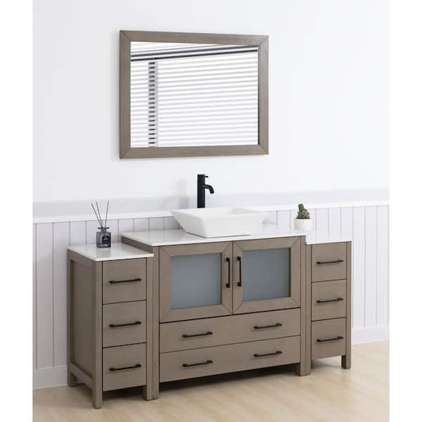 60 in. W Single Basin Driftwood Gray Bath Vanity with White Engineered Marble Top and Mirror