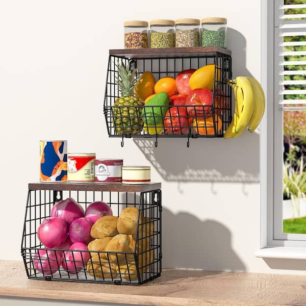 2-Tier Fruit Bowl Fruit Basket, Wall Mounted Hanging Basket Wire Basket with 4-Banana Hook, Fruit and Vegetable Storage