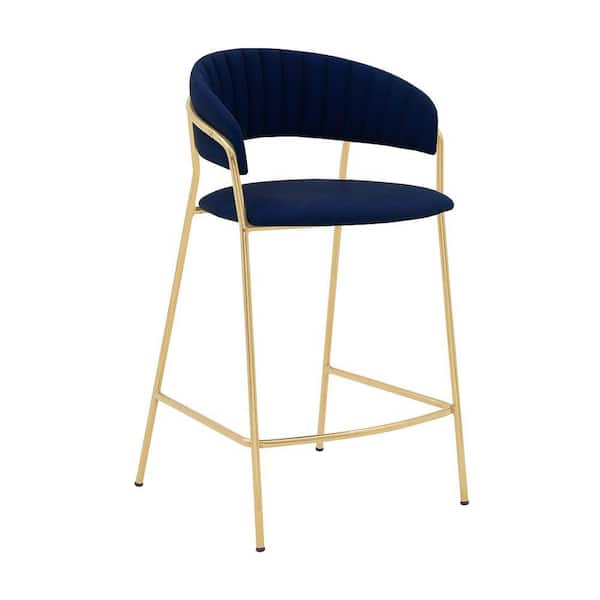 Benjara 36.5 In. H Metal Blue and Gold High Back Leatherette Seat Counter Height Barstool