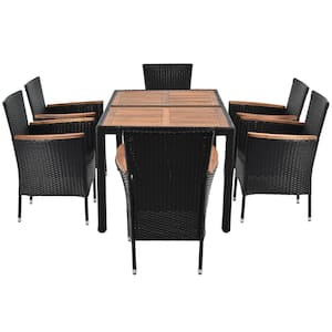 Classical Brown 7-Piece PE Rattan Wicker & Acacia Wood Patio Garden Outdoor Dining Set with Beige Cushions