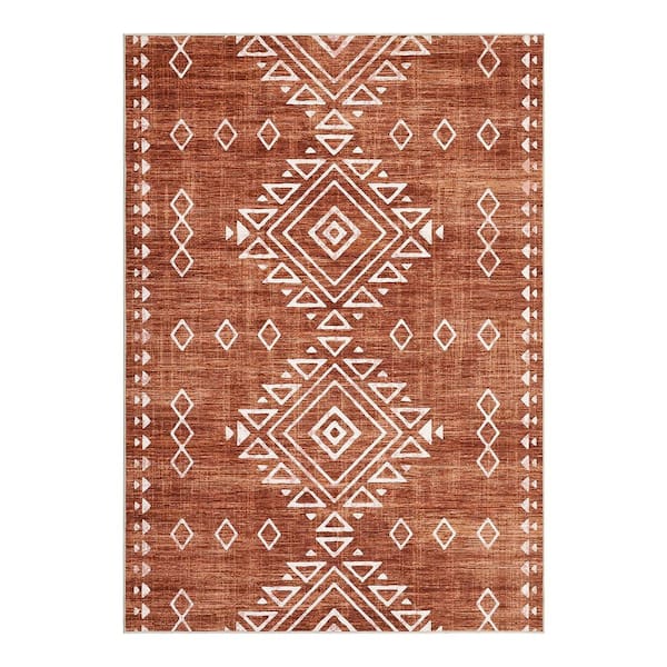 Brick Red 9x12ft Geometric Retro Corridor Strip Carpet Tribal Style Distressed Area Rug