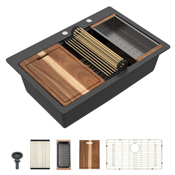 33 in. Black Workstation Granite Composite Topmount/Drop In Kitchen Sink, Quartz Single Bowl with Gold Accessories