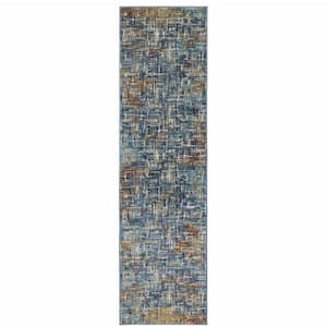 Blue Teal Gold Rust and Beige Abstract 2 ft. x 8 ft. Power Loom Stain Resistant Runner Rug