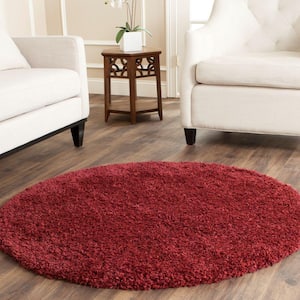 California Shag Maroon 4 ft. x 4 ft. Round Solid Area Rug