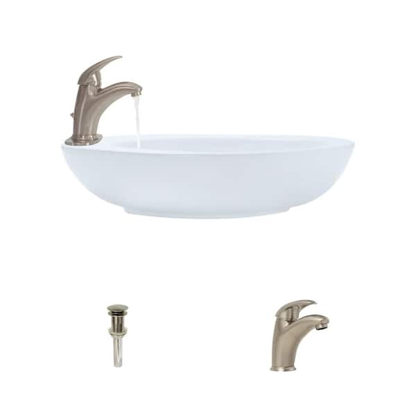 MR Direct Porcelain Vessel Sink in White with 722 Faucet and Pop-Up Drain in Brushed Nickel