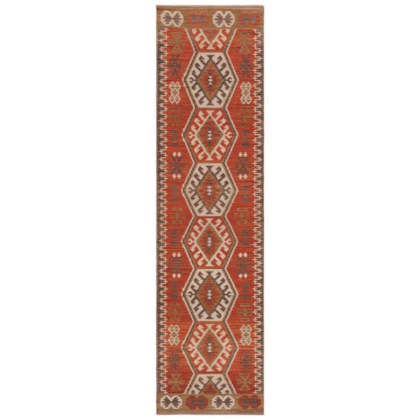 SAFAVIEH Kilim Red/Olive 2 ft. x 9 ft. Native American Geometric Border Runner Rug