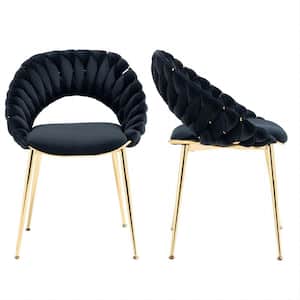 Modern Upholstered Black Velvet Hand Woven Hollow Backrest Design Dining Chairs Set of 2