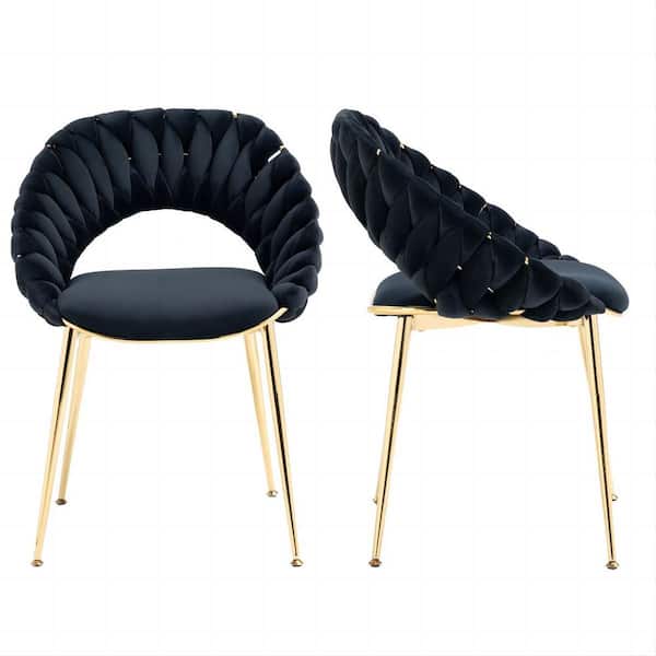 HOMEFUN Modern Upholstered Black Velvet Hand Woven Hollow Backrest Design Dining Chairs Set of 2