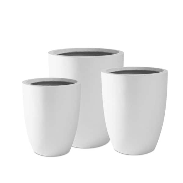 Photo 1 of 22.4", 20.4" and 18.1"H Round Pure White Concrete Tall Planters Set of 3, Outdoor Indoor w/Drainage Hole & Rubber Plug