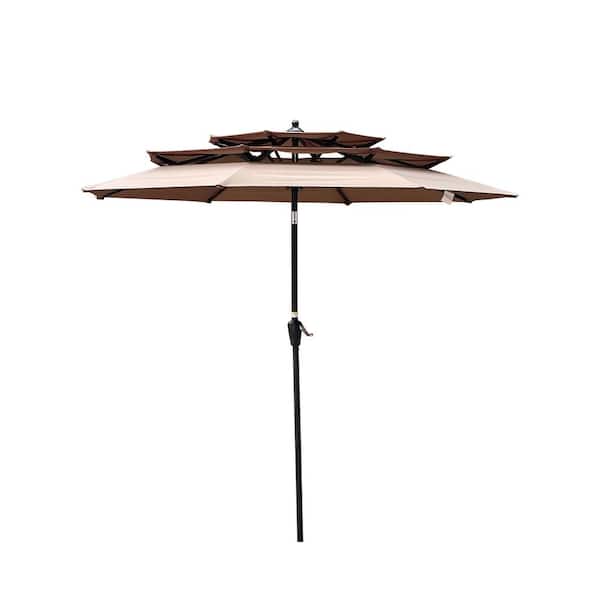 Unbranded 9 ft. 3-Tiers Steel Outdoor Market Patio Umbrella in Mushroom with Crank, Tilt and Wind Vents for Garden Backyard Pool