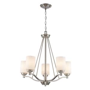 Mod Pod 5-Light Brushed Nickel Candle Chandelier Light Fixture with Frosted Glass Cylinder Shades