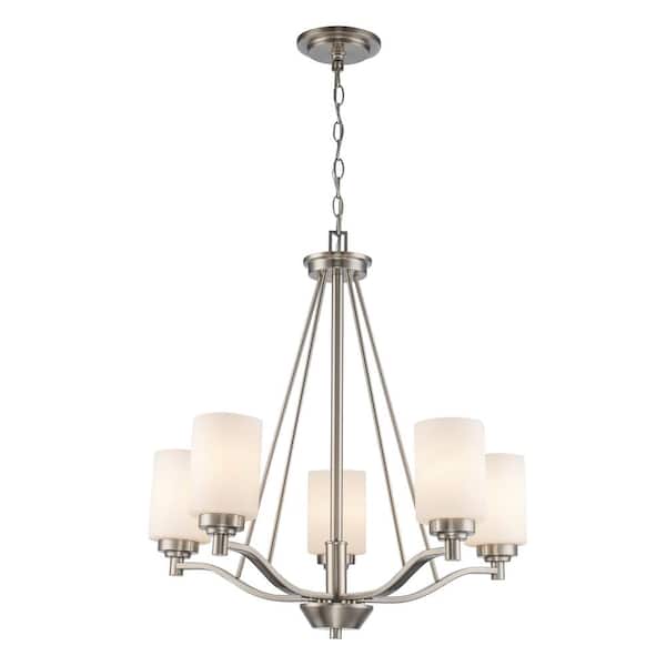 Bel Air Lighting Mod Pod 5-Light Brushed Nickel Candle Chandelier Light Fixture with Frosted Glass Cylinder Shades