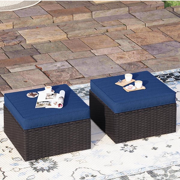 PHI VILLA Dark Brown Wicker Outdoor Patio Ottoman with Deep Blue Cushions (2-Pack)