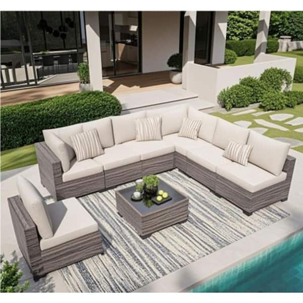 Unbranded 7-Piece Gray Wicker Rattan Outdoor Sectional Sofa Set with Beige Cushions for Backyard, Poolside, Deck