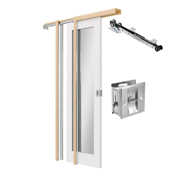 28 in. x 80 in. Full Lite Mirrored Glass White Primed Solid Wood Pocket Door with Lock, Soft Close, Frame and Hardware