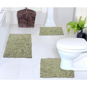 Bell Flower Collection 100% Cotton Tufted Bath Rug, 3-Pcs Set with Contour-Green