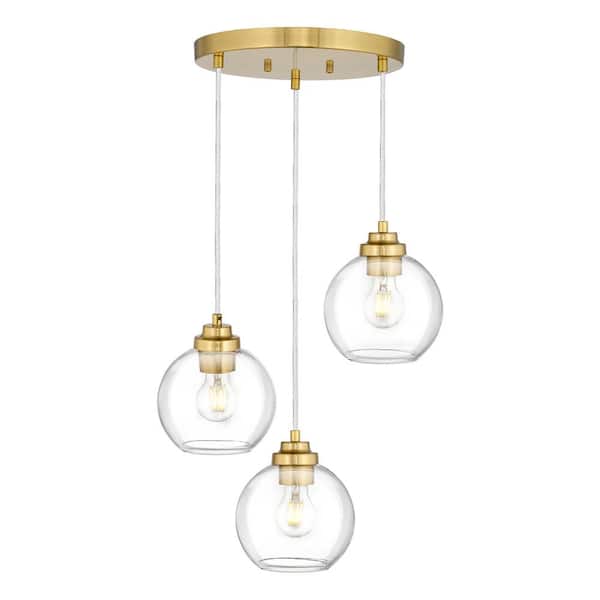 JAZAVA 60-Watt 3-Light Cluster Brushed Gold Shaded Pendant Light with Globe Glass Shade, No Bulbs Included