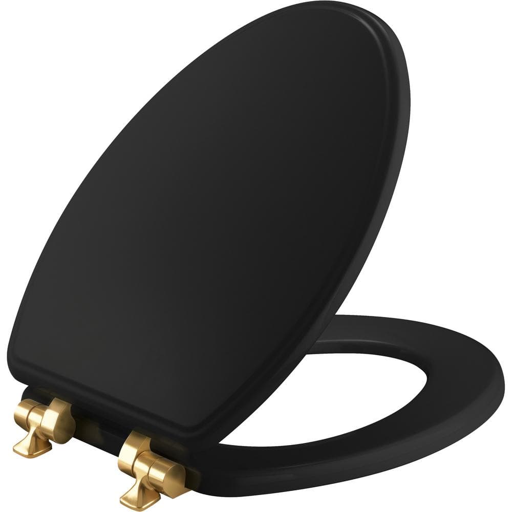 BEMIS Weston Soft Close Elongated Enameled Wood Closed Front Toilet Seat in Black Never Loosens Brushed Gold Hinge