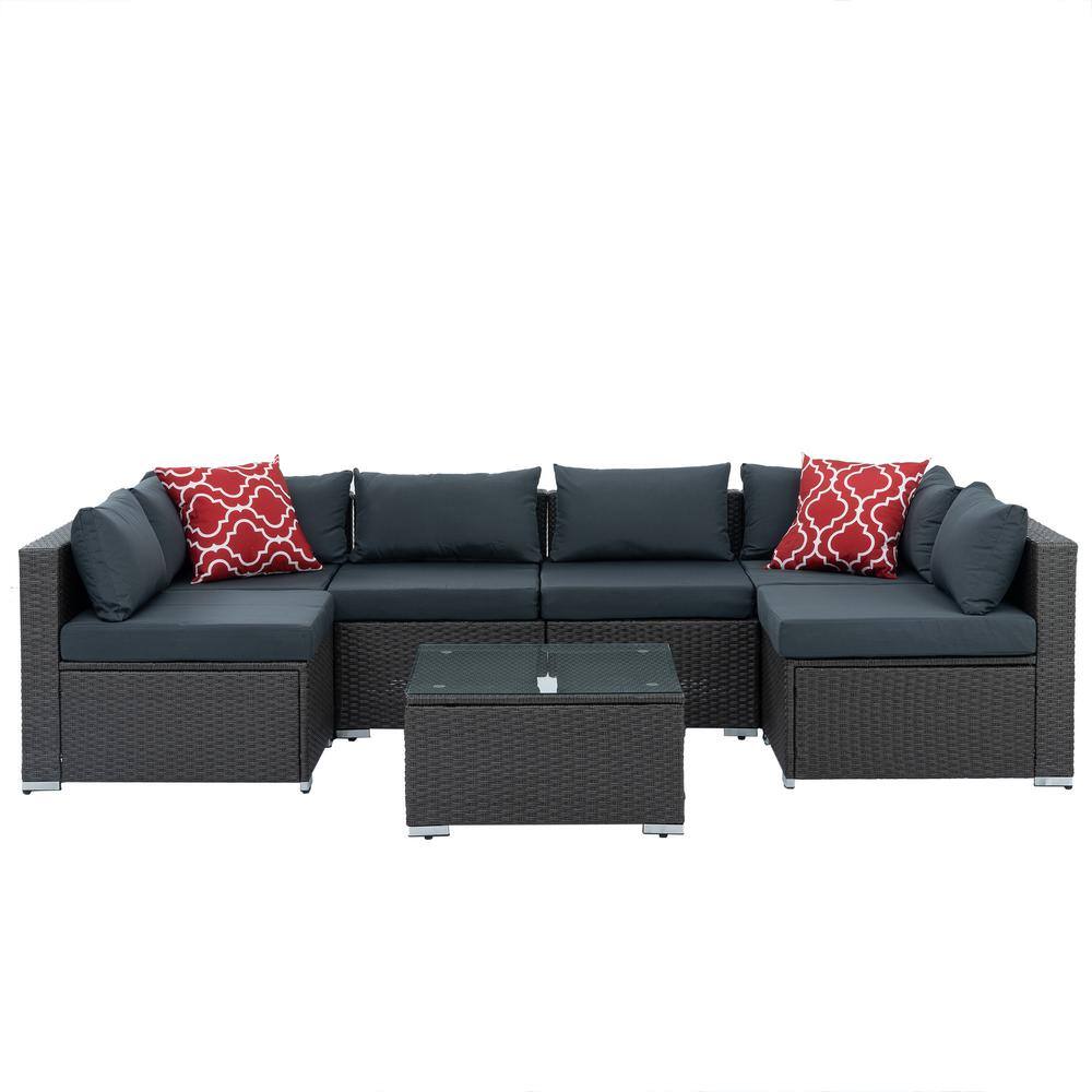 Tenleaf 7-Piece Black Wicker Patio Conversation Set with Dark Gray ...
