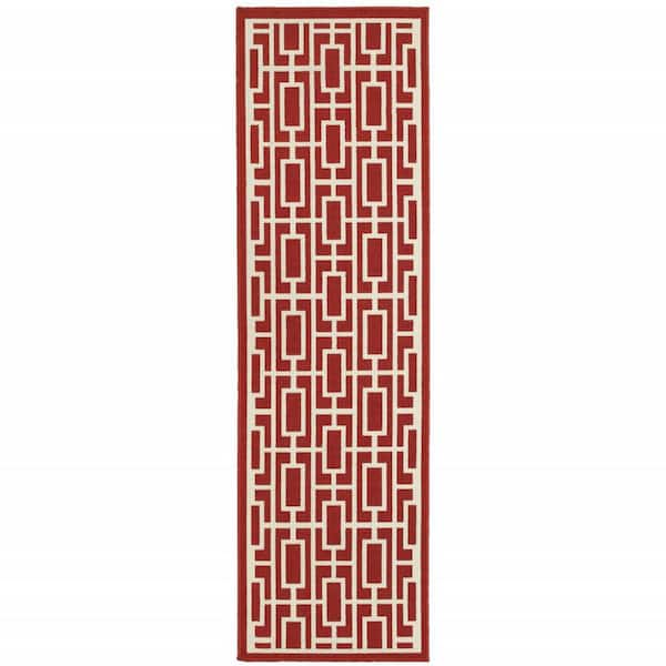 Red, Ivory 2 ft. x 8 ft. Loomed Geometric Polypropylene Rectangle Indoor/Outdoor Area Rug