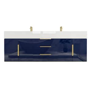 Bethany 59 in. W. x 20 in. D x 22 in. H Double Sink Floating Bath Vanity in Gloss Night Blue with White Acrylic Top