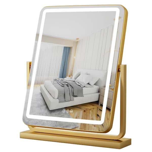 HBEZON Envision 17 in. W x 21 in. H Small Rectangular 3-Color Modes Dimmable Tabletop Bathroom Makeup Mirror in Gold