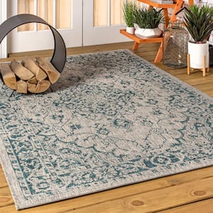 Rozetta Boho Gray/Teal 5 ft. Medallion Textured Weave Indoor/Outdoor Square Area Rug