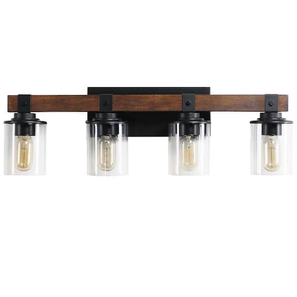 Amucolo 27.2 in. 4-Light Walnut Black Farmhouse Vanity Light Fixture Rustic Bathroom Light Fixture Bathroom Sconce