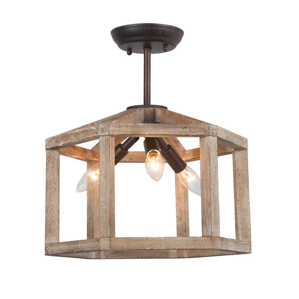 The 14 in. 3-Light Distressed Wood and Aged Iron Semi- Flush Mount Ceiling 